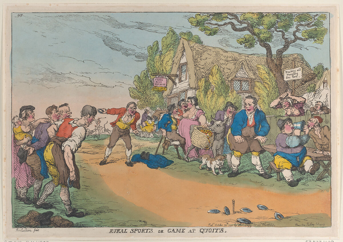 Rural Sports or Game at Quoits, Thomas Rowlandson (British, London 1757–1827 London), Hand-colored etching 