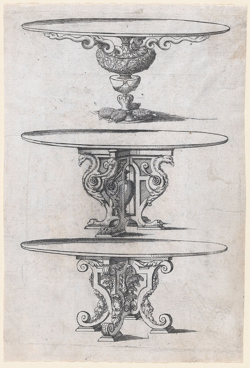 Three Round Table Designs, Jacques Androuet Du Cerceau (French, Paris 1510/12–1585 Annecy), Etching 