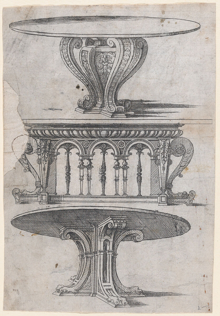 Three Table Designs, Jacques Androuet Du Cerceau (French, Paris 1510/12–1585 Annecy), Etching 