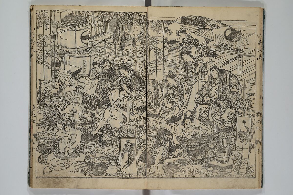 The Mountains of Husband and Wife (Onyo imoseyama) 阥阦妹背山, Katsushika Hokusai 葛飾北斎 (Japanese, Tokyo (Edo) 1760–1849 Tokyo (Edo)), Set of six woodblock printed books; ink on paper, Japan