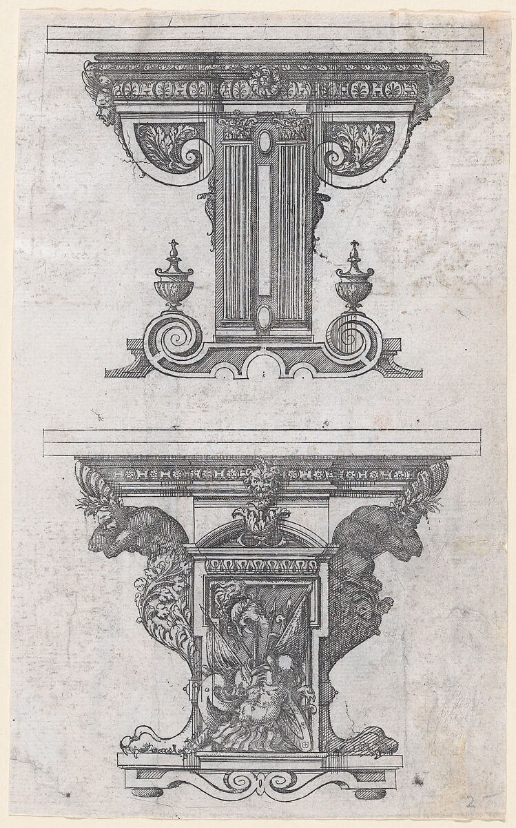 Two Table Designs, Jacques Androuet Du Cerceau (French, Paris 1510/12–1585 Annecy), Etching 
