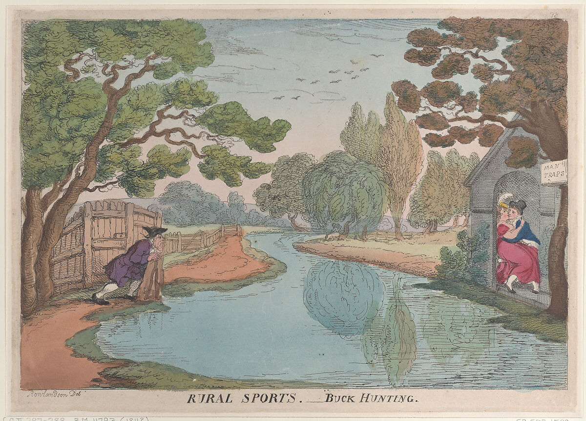 Rural Sports. – Buck Hunting, Thomas Rowlandson (British, London 1757–1827 London), Hand-colored etching 