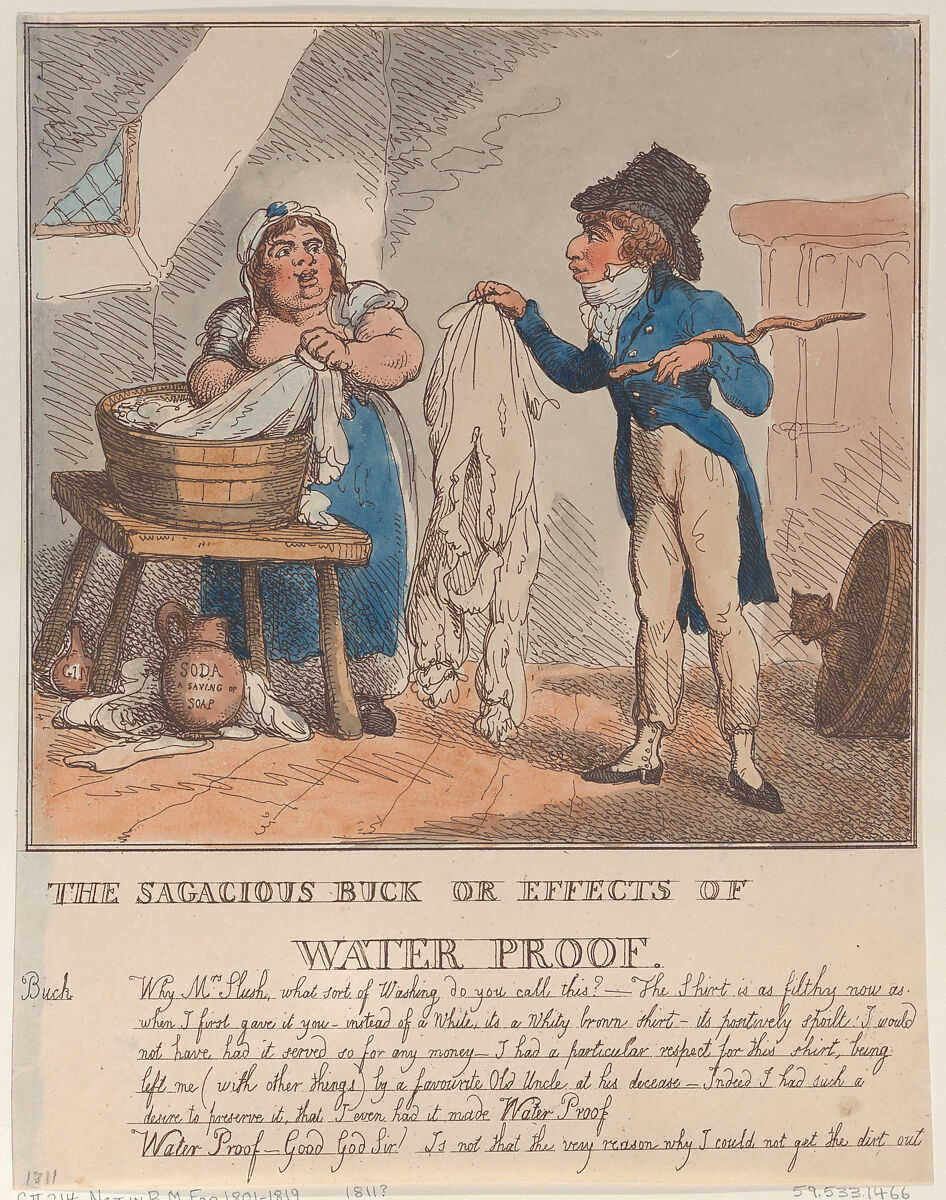 The Sagacious Buck or Effects of Water Proof, Thomas Rowlandson (British, London 1757–1827 London), Hand-colored etching 