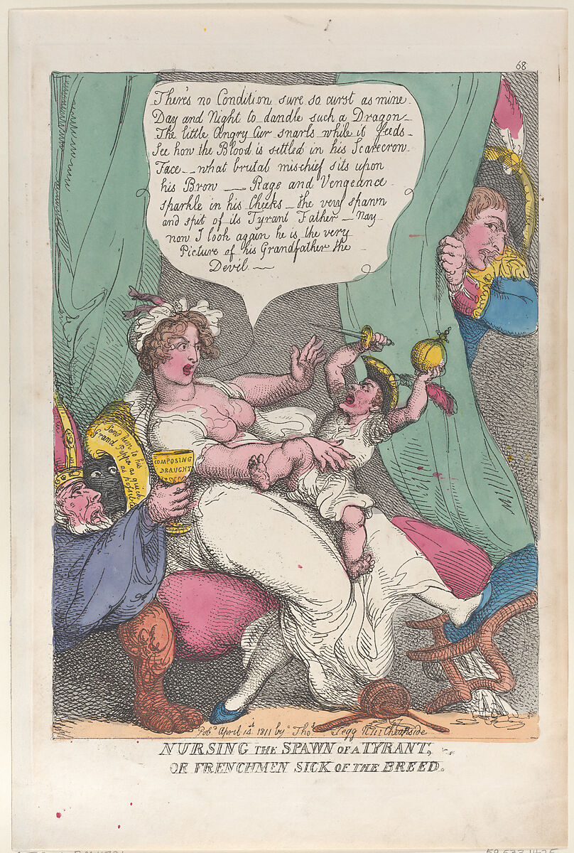 Nursing the Spawn of a Tyrant, Thomas Rowlandson (British, London 1757–1827 London), Hand-colored etching 