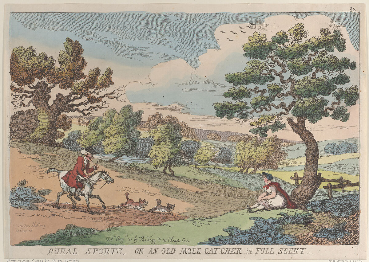 Rural Sports, or an Old Mole Catcher in Full Scent, Thomas Rowlandson (British, London 1757–1827 London), Hand-colored etching 