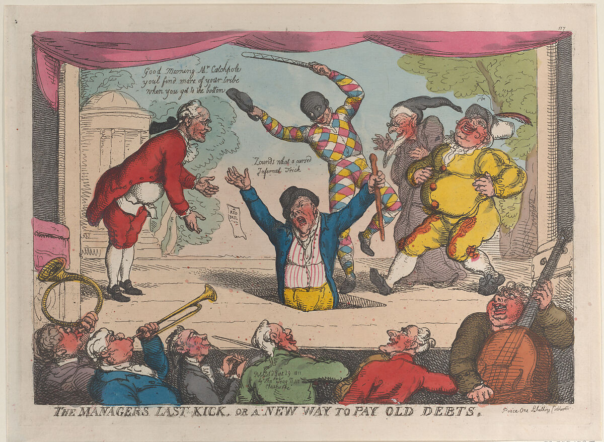 The Manager's Last Kick, or a New Way to Pay Old Debts, Thomas Rowlandson (British, London 1757–1827 London), Hand-colored etching 