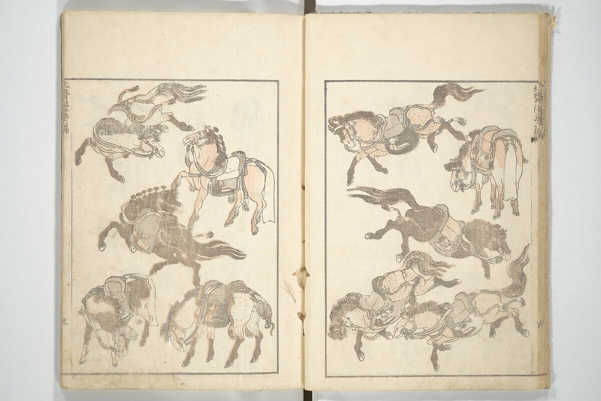 Transmitting the Spirit, Revealing the Form of Things, Volume 1 to 15 of Hokusai Sketchbooks (Denshin kaishu: Hokusai manga, shohen–jugohen) 伝神開手北斎漫画 初編-十五編, Katsushika Hokusai 葛飾北斎 (Japanese, Tokyo (Edo) 1760–1849 Tokyo (Edo)), Set of fifteen woodblock printed books; ink and color on paper, Japan