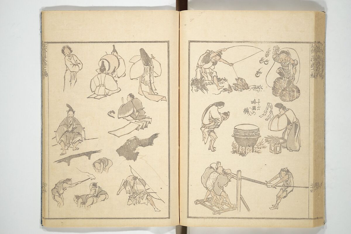 Transmitting the Spirit, Revealing the Form of Things, Volume 1 to 15 of Hokusai Sketchbooks (Denshin kaishu: Hokusai manga, shohen–jugohen) 伝神開手北斎漫画 初編-十五編, Katsushika Hokusai 葛飾北斎 (Japanese, Tokyo (Edo) 1760–1849 Tokyo (Edo)), Set of fifteen woodblock printed books; ink and color on paper, Japan