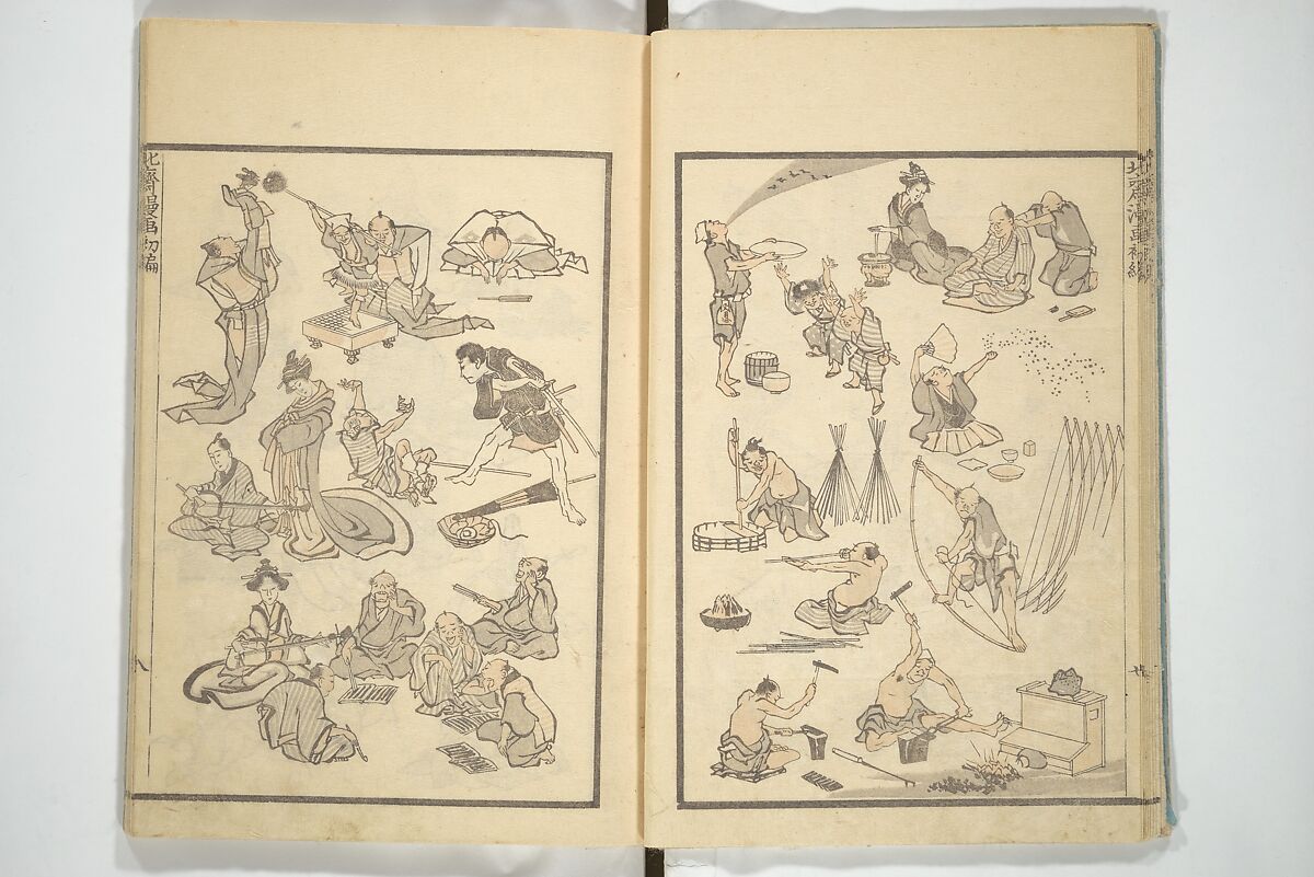 Transmitting the Spirit, Revealing the Form of Things, Volume 1 to 15 of Hokusai Sketchbooks (Denshin kaishu: Hokusai manga, shohen–jugohen) 伝神開手北斎漫画 初編-十五編, Katsushika Hokusai 葛飾北斎 (Japanese, Tokyo (Edo) 1760–1849 Tokyo (Edo)), Set of fifteen woodblock printed books; ink and color on paper, Japan