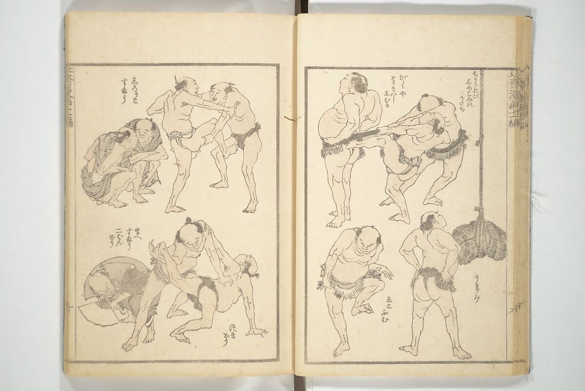 Transmitting the Spirit, Revealing the Form of Things, Volume 1 to 15 of Hokusai Sketchbooks (Denshin kaishu: Hokusai manga, shohen–jugohen) 伝神開手北斎漫画 初編-十五編, Katsushika Hokusai 葛飾北斎 (Japanese, Tokyo (Edo) 1760–1849 Tokyo (Edo)), Set of fifteen woodblock printed books; ink and color on paper, Japan