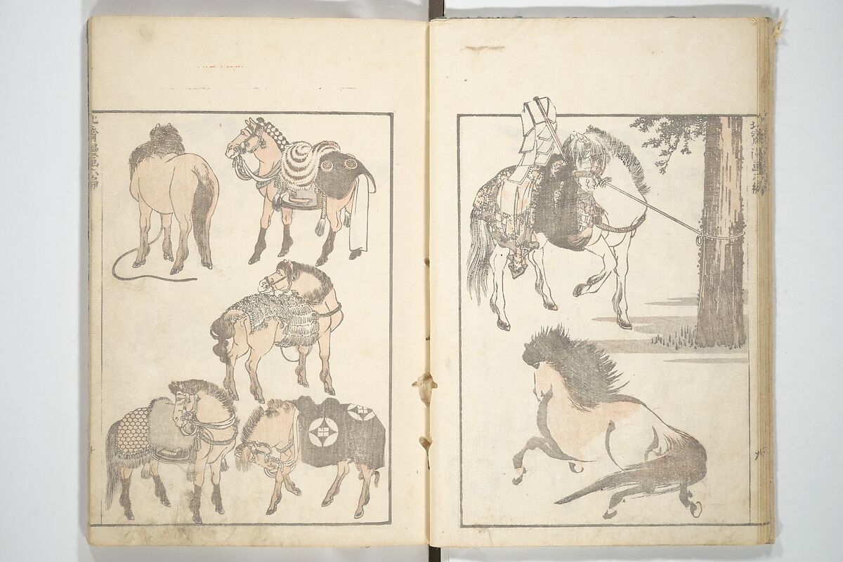 Transmitting the Spirit, Revealing the Form of Things, Volume 1 to 15 of Hokusai Sketchbooks (Denshin kaishu: Hokusai manga, shohen–jugohen) 伝神開手北斎漫画 初編-十五編, Katsushika Hokusai 葛飾北斎 (Japanese, Tokyo (Edo) 1760–1849 Tokyo (Edo)), Set of fifteen woodblock printed books; ink and color on paper, Japan