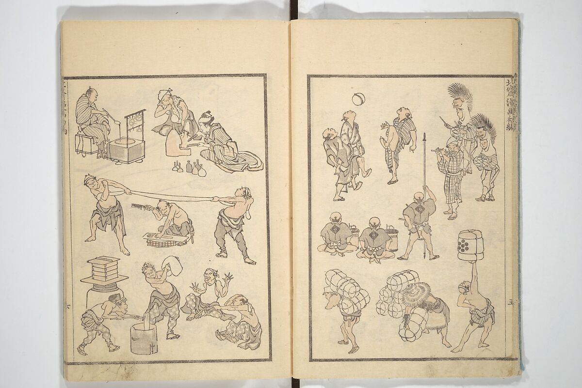 Transmitting the Spirit, Revealing the Form of Things, Volume 1 to 15 of Hokusai Sketchbooks (Denshin kaishu: Hokusai manga, shohen–jugohen) 伝神開手北斎漫画 初編-十五編, Katsushika Hokusai 葛飾北斎 (Japanese, Tokyo (Edo) 1760–1849 Tokyo (Edo)), Set of fifteen woodblock printed books; ink and color on paper, Japan