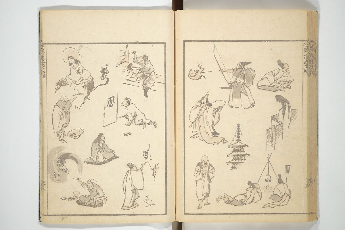 Transmitting the Spirit, Revealing the Form of Things, Volume 1 to 15 of Hokusai Sketchbooks (Denshin kaishu: Hokusai manga, shohen–jugohen) 伝神開手北斎漫画 初編-十五編, Katsushika Hokusai 葛飾北斎 (Japanese, Tokyo (Edo) 1760–1849 Tokyo (Edo)), Set of fifteen woodblock printed books; ink and color on paper, Japan