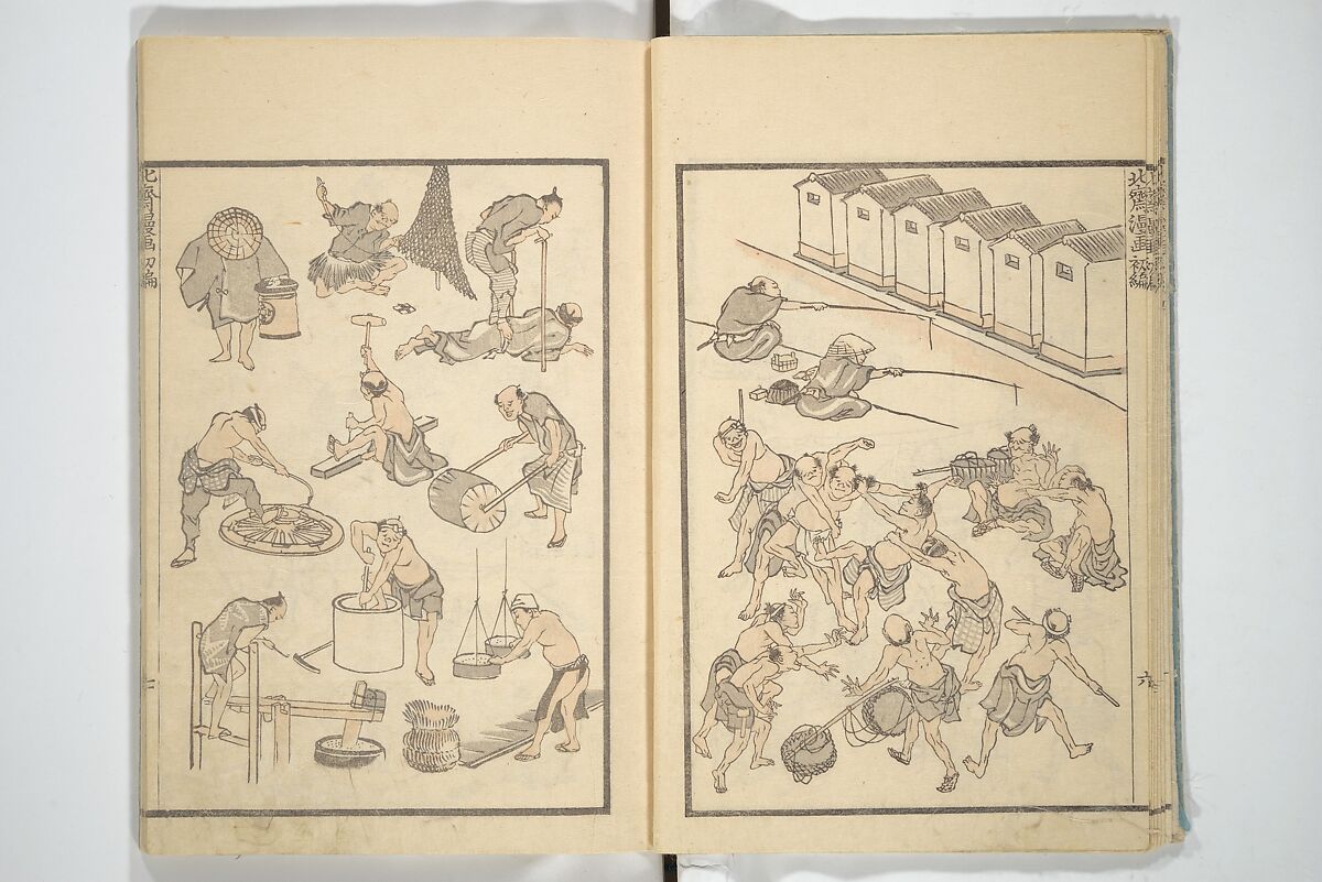 Transmitting the Spirit, Revealing the Form of Things, Volume 1 to 15 of Hokusai Sketchbooks (Denshin kaishu: Hokusai manga, shohen–jugohen) 伝神開手北斎漫画 初編-十五編, Katsushika Hokusai 葛飾北斎 (Japanese, Tokyo (Edo) 1760–1849 Tokyo (Edo)), Set of fifteen woodblock printed books; ink and color on paper, Japan