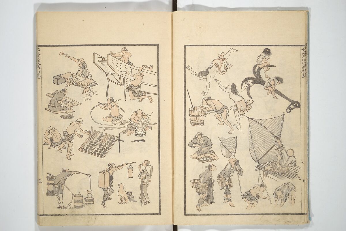 Transmitting the Spirit, Revealing the Form of Things, Volume 1 to 15 of Hokusai Sketchbooks (Denshin kaishu: Hokusai manga, shohen–jugohen) 伝神開手北斎漫画 初編-十五編, Katsushika Hokusai 葛飾北斎 (Japanese, Tokyo (Edo) 1760–1849 Tokyo (Edo)), Set of fifteen woodblock printed books; ink and color on paper, Japan