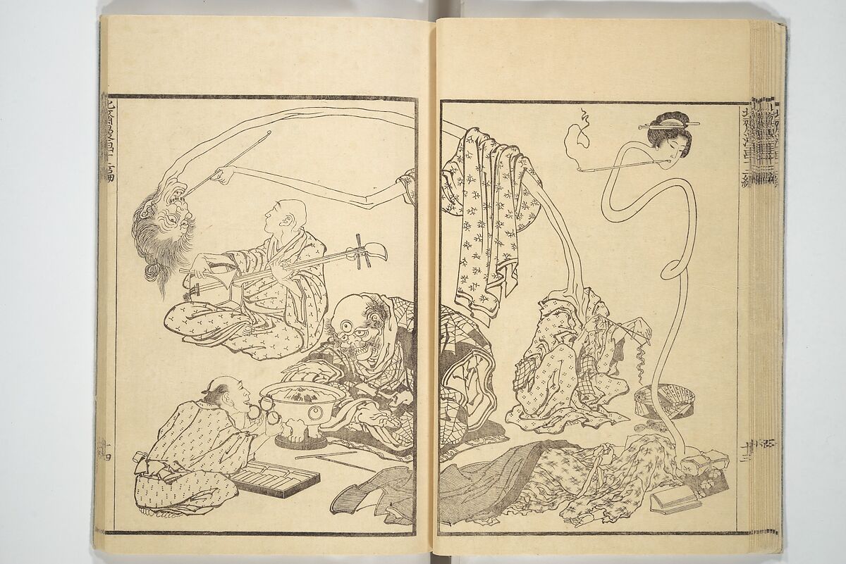 Transmitting the Spirit, Revealing the Form of Things, Volume 1 to 15 of Hokusai Sketchbooks (Denshin kaishu: Hokusai manga, shohen–jugohen) 伝神開手北斎漫画 初編-十五編, Katsushika Hokusai 葛飾北斎 (Japanese, Tokyo (Edo) 1760–1849 Tokyo (Edo)), Set of fifteen woodblock printed books; ink and color on paper, Japan