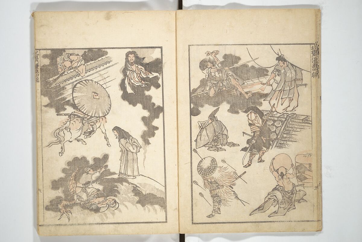 Transmitting the Spirit, Revealing the Form of Things, Volume 1 to 15 of Hokusai Sketchbooks (Denshin kaishu: Hokusai manga, shohen–jugohen) 伝神開手北斎漫画 初編-十五編, Katsushika Hokusai 葛飾北斎 (Japanese, Tokyo (Edo) 1760–1849 Tokyo (Edo)), Set of fifteen woodblock printed books; ink and color on paper, Japan