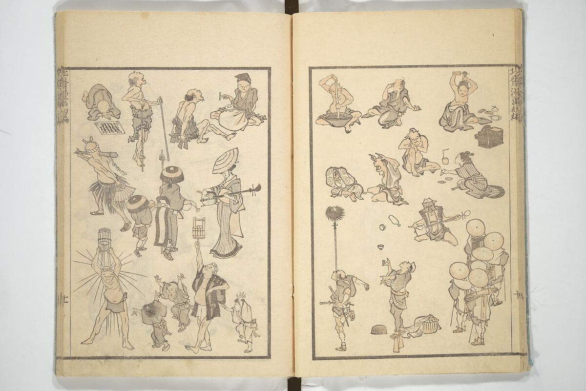 Transmitting the Spirit, Revealing the Form of Things, Volume 1 to 15 of Hokusai Sketchbooks (Denshin kaishu: Hokusai manga, shohen–jugohen) 伝神開手北斎漫画 初編-十五編, Katsushika Hokusai 葛飾北斎 (Japanese, Tokyo (Edo) 1760–1849 Tokyo (Edo)), Set of fifteen woodblock printed books; ink and color on paper, Japan