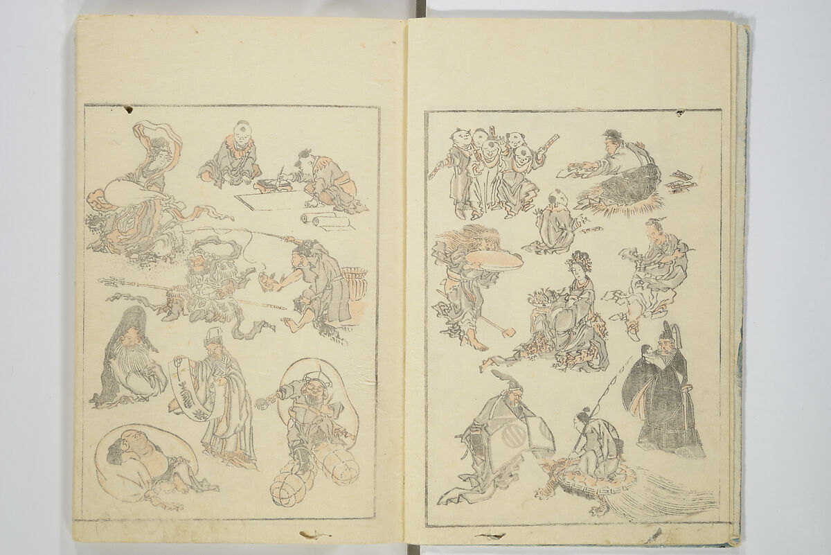 Transmitting the Spirit, Revealing the Form of Things, Volume 1 to 15 of Hokusai Sketchbooks (Denshin kaishu: Hokusai manga, shohen–jugohen) 伝神開手北斎漫画 初編-十五編, Katsushika Hokusai 葛飾北斎 (Japanese, Tokyo (Edo) 1760–1849 Tokyo (Edo)), Set of fifteen woodblock printed books; ink and color on paper, Japan