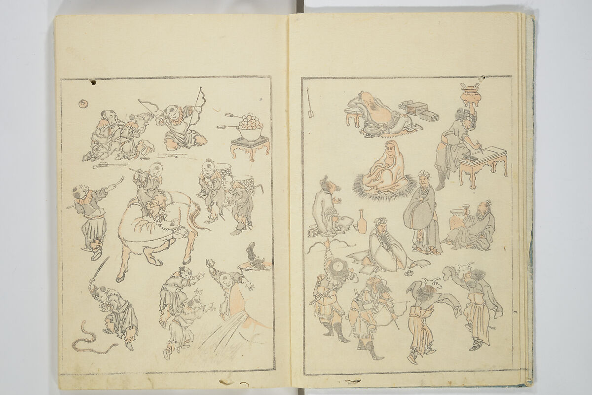 Transmitting the Spirit, Revealing the Form of Things, Volume 1 to 15 of Hokusai Sketchbooks (Denshin kaishu: Hokusai manga, shohen–jugohen) 伝神開手北斎漫画 初編-十五編, Katsushika Hokusai 葛飾北斎 (Japanese, Tokyo (Edo) 1760–1849 Tokyo (Edo)), Set of fifteen woodblock printed books; ink and color on paper, Japan