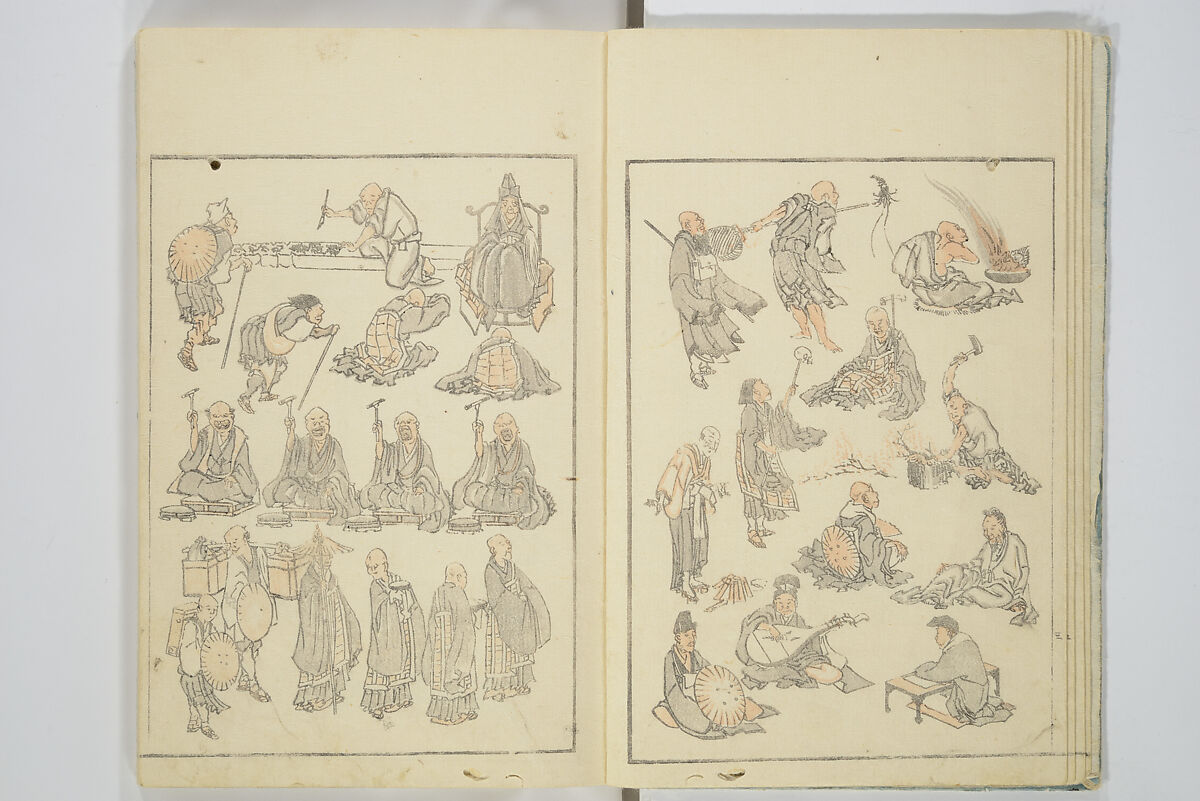 Transmitting the Spirit, Revealing the Form of Things, Volume 1 to 15 of Hokusai Sketchbooks (Denshin kaishu: Hokusai manga, shohen–jugohen) 伝神開手北斎漫画 初編-十五編, Katsushika Hokusai 葛飾北斎 (Japanese, Tokyo (Edo) 1760–1849 Tokyo (Edo)), Set of fifteen woodblock printed books; ink and color on paper, Japan