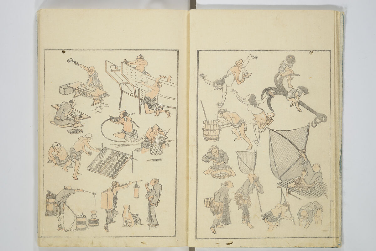 Transmitting the Spirit, Revealing the Form of Things, Volume 1 to 15 of Hokusai Sketchbooks (Denshin kaishu: Hokusai manga, shohen–jugohen) 伝神開手北斎漫画 初編-十五編, Katsushika Hokusai 葛飾北斎 (Japanese, Tokyo (Edo) 1760–1849 Tokyo (Edo)), Set of fifteen woodblock printed books; ink and color on paper, Japan