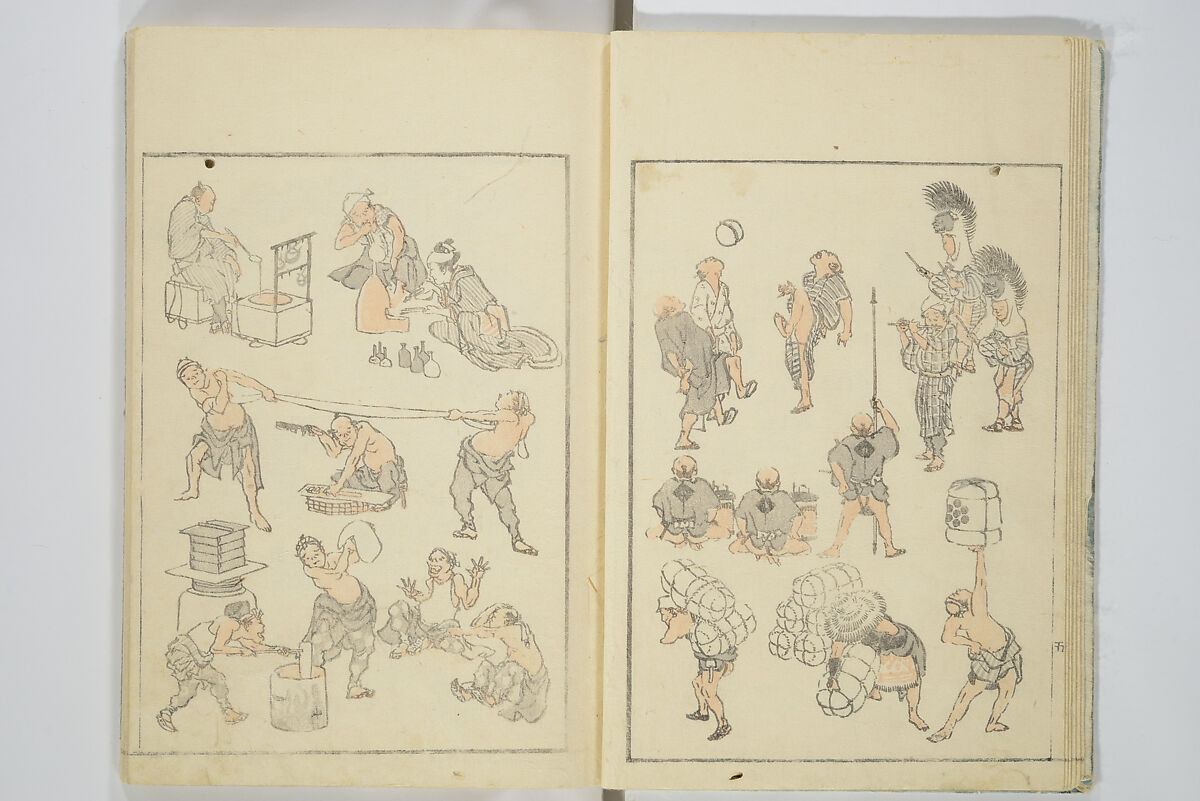 Transmitting the Spirit, Revealing the Form of Things, Volume 1 to 15 of Hokusai Sketchbooks (Denshin kaishu: Hokusai manga, shohen–jugohen) 伝神開手北斎漫画 初編-十五編, Katsushika Hokusai 葛飾北斎 (Japanese, Tokyo (Edo) 1760–1849 Tokyo (Edo)), Set of fifteen woodblock printed books; ink and color on paper, Japan