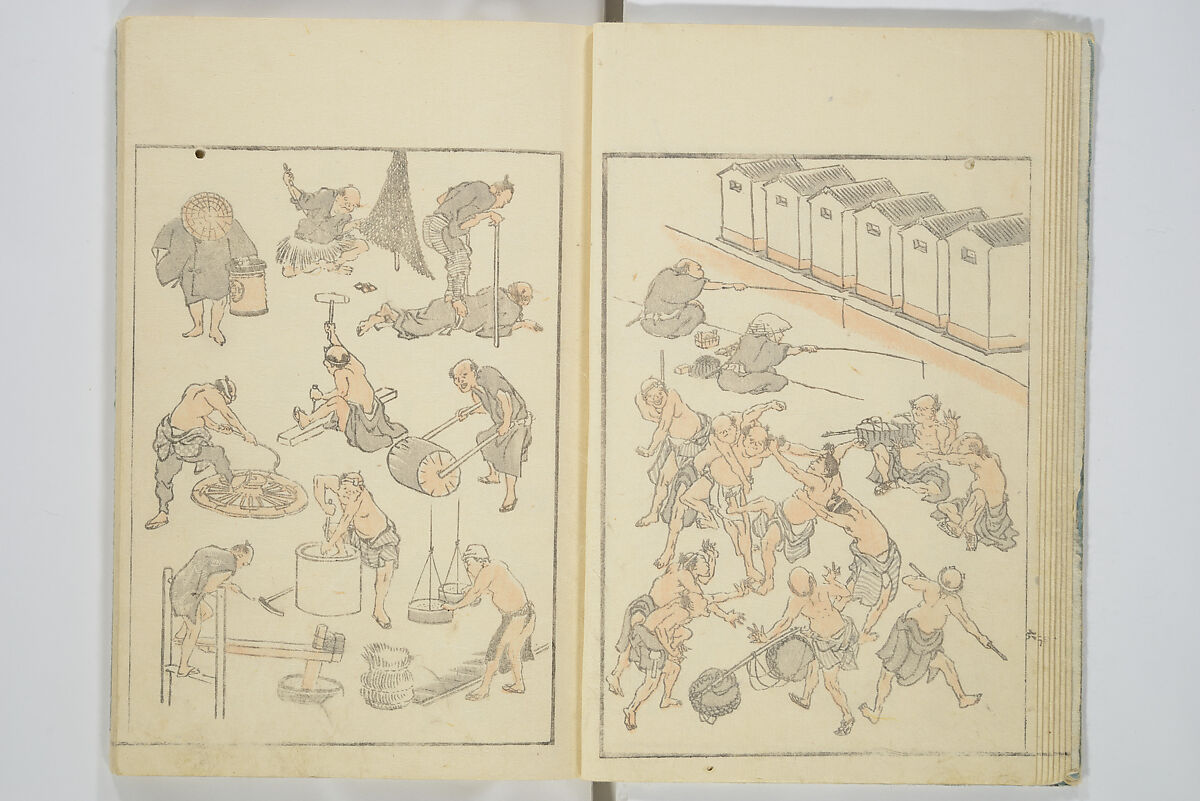 Transmitting the Spirit, Revealing the Form of Things, Volume 1 to 15 of Hokusai Sketchbooks (Denshin kaishu: Hokusai manga, shohen–jugohen) 伝神開手北斎漫画 初編-十五編, Katsushika Hokusai 葛飾北斎 (Japanese, Tokyo (Edo) 1760–1849 Tokyo (Edo)), Set of fifteen woodblock printed books; ink and color on paper, Japan