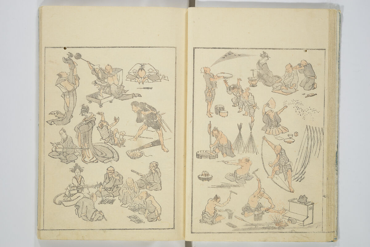 Transmitting the Spirit, Revealing the Form of Things, Volume 1 to 15 of Hokusai Sketchbooks (Denshin kaishu: Hokusai manga, shohen–jugohen) 伝神開手北斎漫画 初編-十五編, Katsushika Hokusai 葛飾北斎 (Japanese, Tokyo (Edo) 1760–1849 Tokyo (Edo)), Set of fifteen woodblock printed books; ink and color on paper, Japan