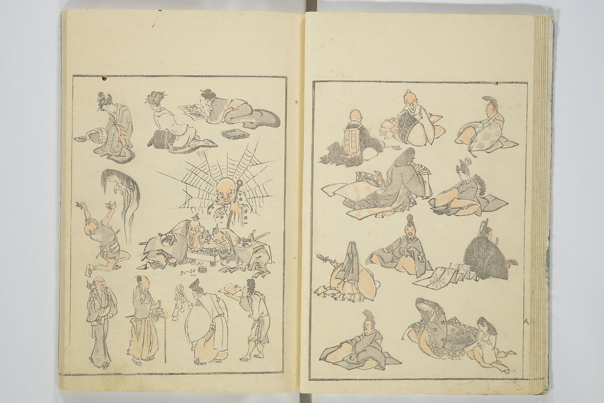 Transmitting the Spirit, Revealing the Form of Things, Volume 1 to 15 of Hokusai Sketchbooks (Denshin kaishu: Hokusai manga, shohen–jugohen) 伝神開手北斎漫画 初編-十五編, Katsushika Hokusai 葛飾北斎 (Japanese, Tokyo (Edo) 1760–1849 Tokyo (Edo)), Set of fifteen woodblock printed books; ink and color on paper, Japan