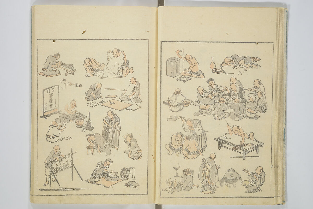 Transmitting the Spirit, Revealing the Form of Things, Volume 1 to 15 of Hokusai Sketchbooks (Denshin kaishu: Hokusai manga, shohen–jugohen) 伝神開手北斎漫画 初編-十五編, Katsushika Hokusai 葛飾北斎 (Japanese, Tokyo (Edo) 1760–1849 Tokyo (Edo)), Set of fifteen woodblock printed books; ink and color on paper, Japan