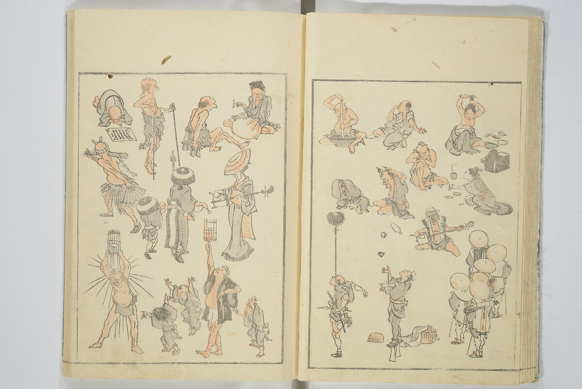 Transmitting the Spirit, Revealing the Form of Things, Volume 1 to 15 of Hokusai Sketchbooks (Denshin kaishu: Hokusai manga, shohen–jugohen) 伝神開手北斎漫画 初編-十五編, Katsushika Hokusai 葛飾北斎 (Japanese, Tokyo (Edo) 1760–1849 Tokyo (Edo)), Set of fifteen woodblock printed books; ink and color on paper, Japan