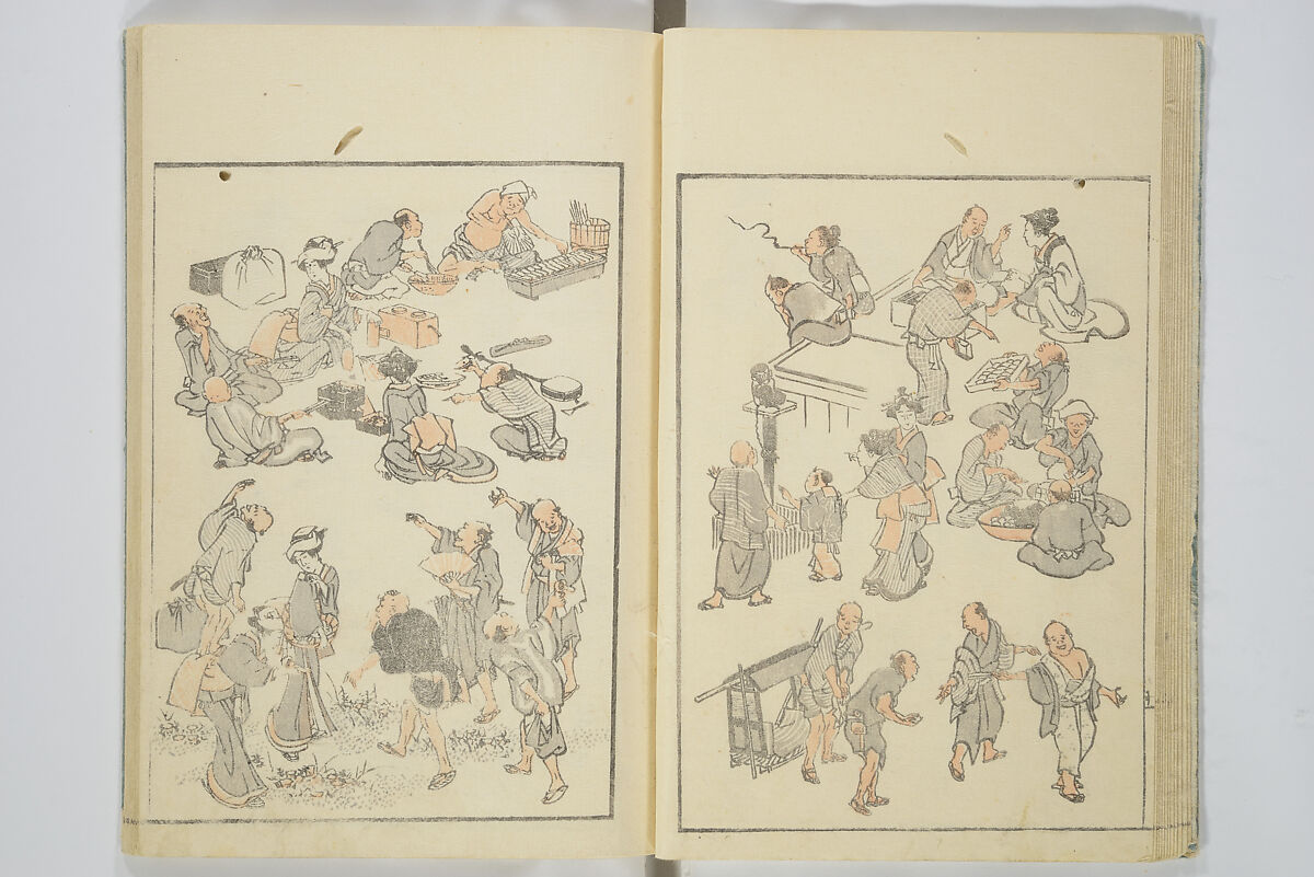 Transmitting the Spirit, Revealing the Form of Things, Volume 1 to 15 of Hokusai Sketchbooks (Denshin kaishu: Hokusai manga, shohen–jugohen) 伝神開手北斎漫画 初編-十五編, Katsushika Hokusai 葛飾北斎 (Japanese, Tokyo (Edo) 1760–1849 Tokyo (Edo)), Set of fifteen woodblock printed books; ink and color on paper, Japan