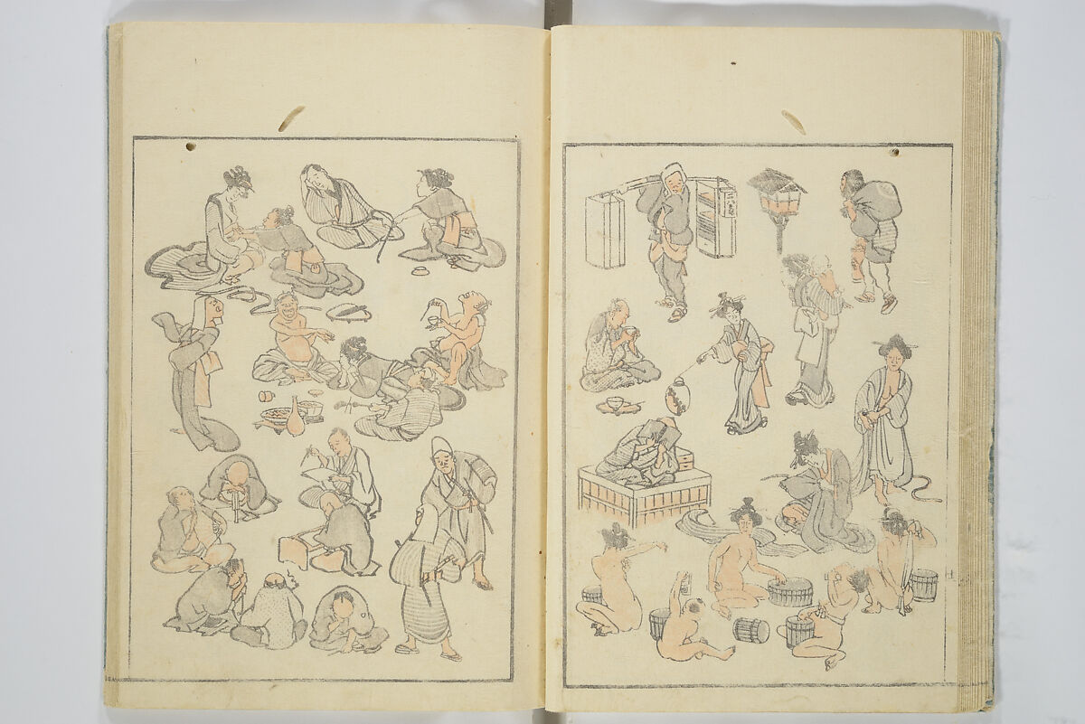 Transmitting the Spirit, Revealing the Form of Things, Volume 1 to 15 of Hokusai Sketchbooks (Denshin kaishu: Hokusai manga, shohen–jugohen) 伝神開手北斎漫画 初編-十五編, Katsushika Hokusai 葛飾北斎 (Japanese, Tokyo (Edo) 1760–1849 Tokyo (Edo)), Set of fifteen woodblock printed books; ink and color on paper, Japan