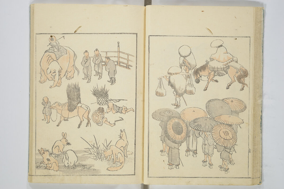 Transmitting the Spirit, Revealing the Form of Things, Volume 1 to 15 of Hokusai Sketchbooks (Denshin kaishu: Hokusai manga, shohen–jugohen) 伝神開手北斎漫画 初編-十五編, Katsushika Hokusai 葛飾北斎 (Japanese, Tokyo (Edo) 1760–1849 Tokyo (Edo)), Set of fifteen woodblock printed books; ink and color on paper, Japan