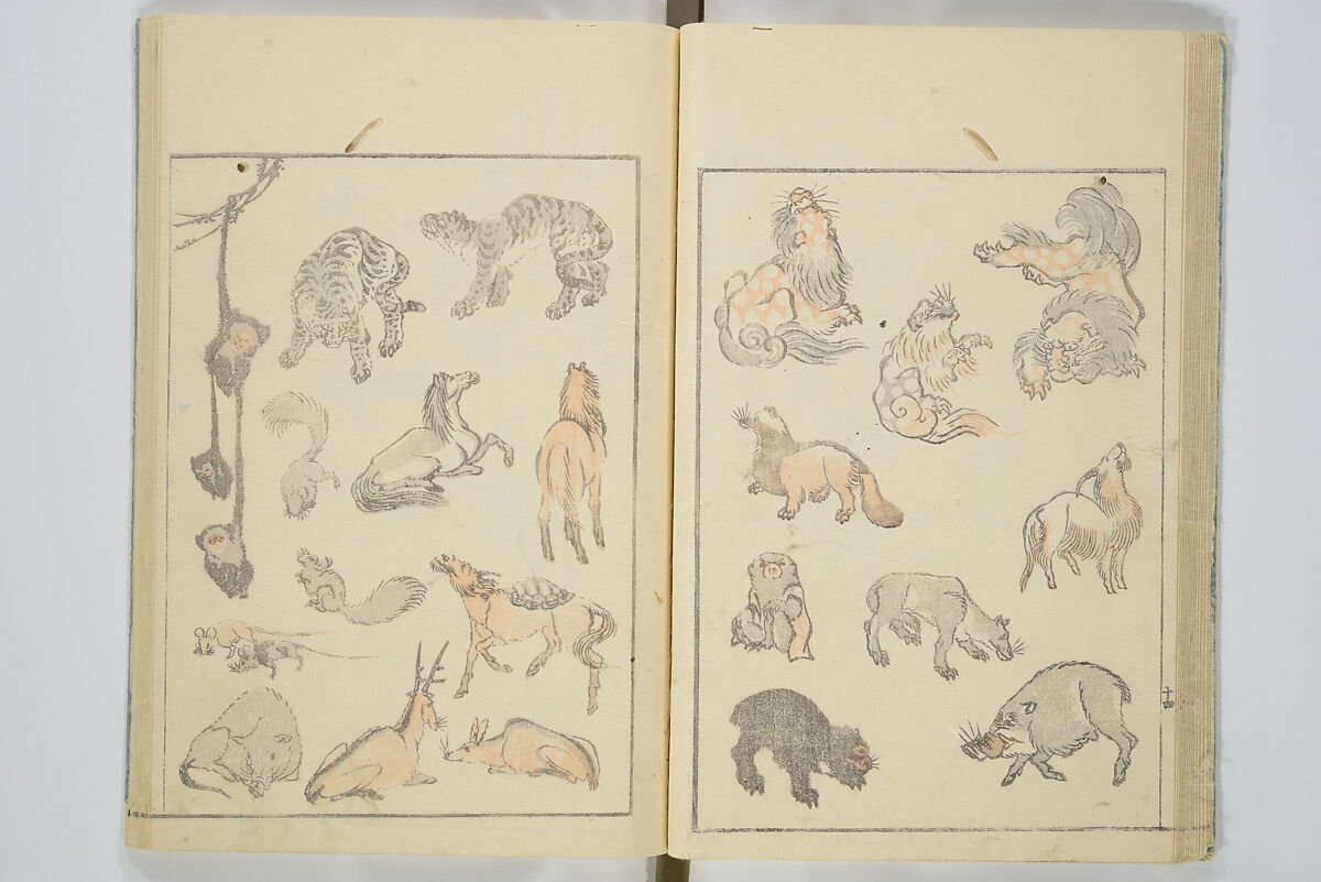 Transmitting the Spirit, Revealing the Form of Things, Volume 1 to 15 of Hokusai Sketchbooks (Denshin kaishu: Hokusai manga, shohen–jugohen) 伝神開手北斎漫画 初編-十五編, Katsushika Hokusai 葛飾北斎 (Japanese, Tokyo (Edo) 1760–1849 Tokyo (Edo)), Set of fifteen woodblock printed books; ink and color on paper, Japan