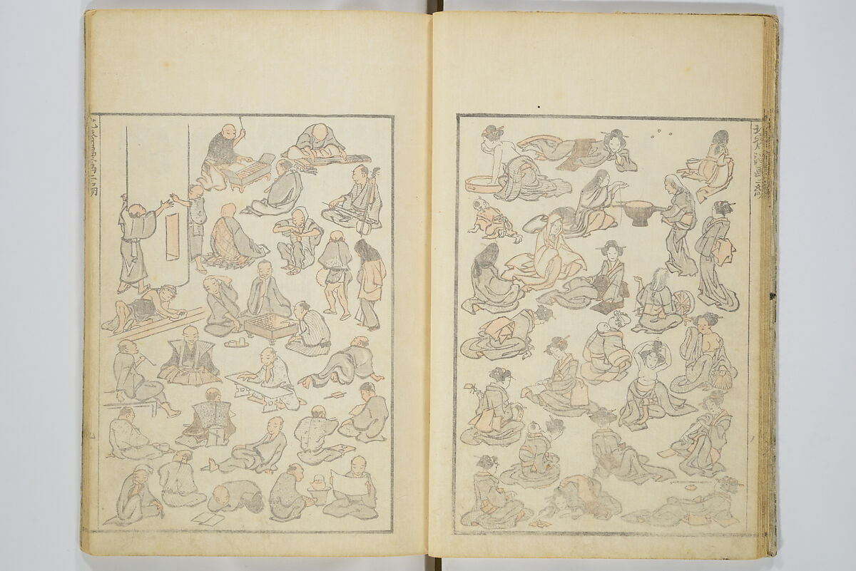 Transmitting the Spirit, Revealing the Form of Things, Volume 1 to 15 of Hokusai Sketchbooks (Denshin kaishu: Hokusai manga, shohen–jugohen) 伝神開手北斎漫画 初編-十五編, Katsushika Hokusai 葛飾北斎 (Japanese, Tokyo (Edo) 1760–1849 Tokyo (Edo)), Set of fifteen woodblock printed books; ink and color on paper, Japan