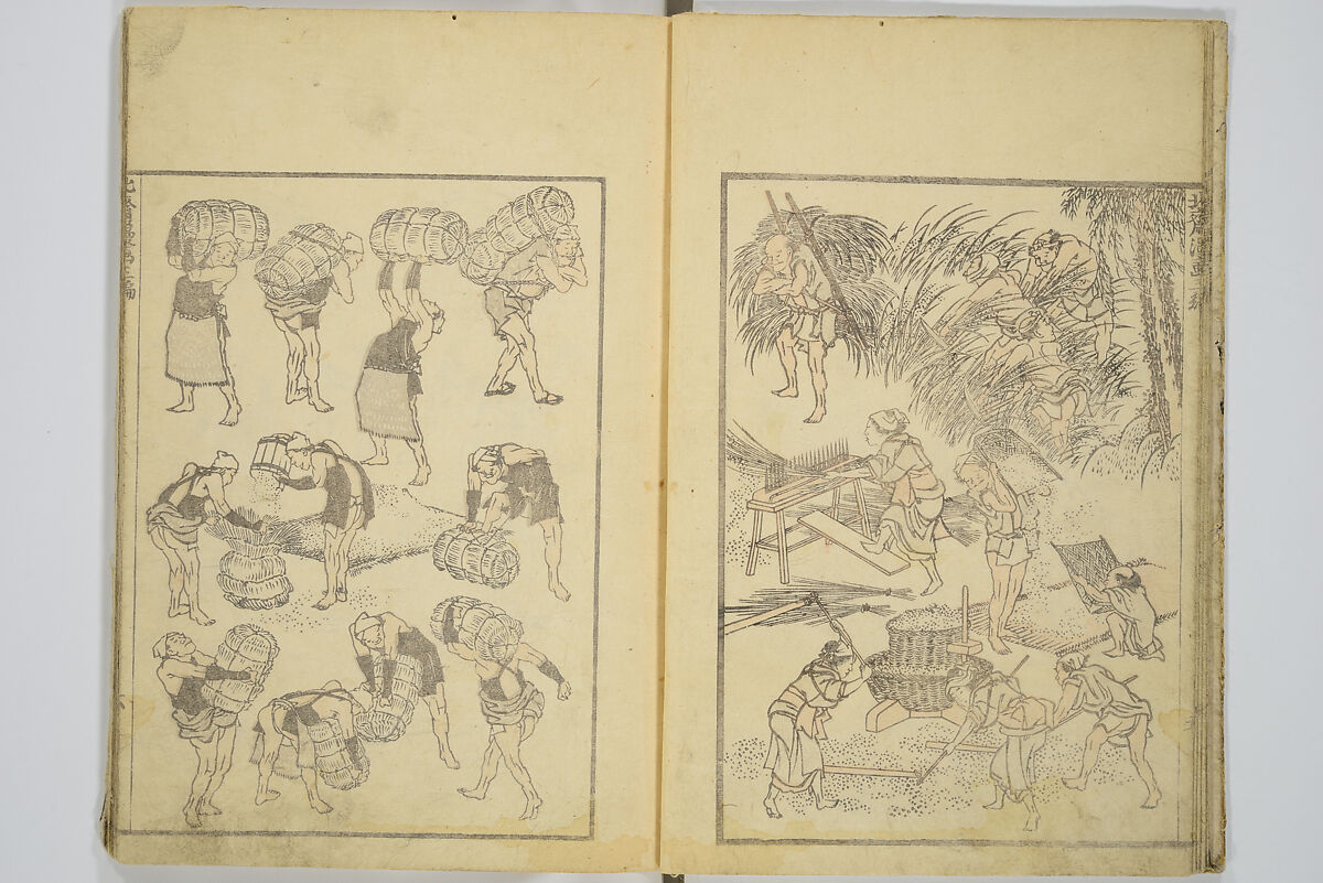 Transmitting the Spirit, Revealing the Form of Things, Volume 1 to 15 of Hokusai Sketchbooks (Denshin kaishu: Hokusai manga, shohen–jugohen) 伝神開手北斎漫画 初編-十五編, Katsushika Hokusai 葛飾北斎 (Japanese, Tokyo (Edo) 1760–1849 Tokyo (Edo)), Set of fifteen woodblock printed books; ink and color on paper, Japan