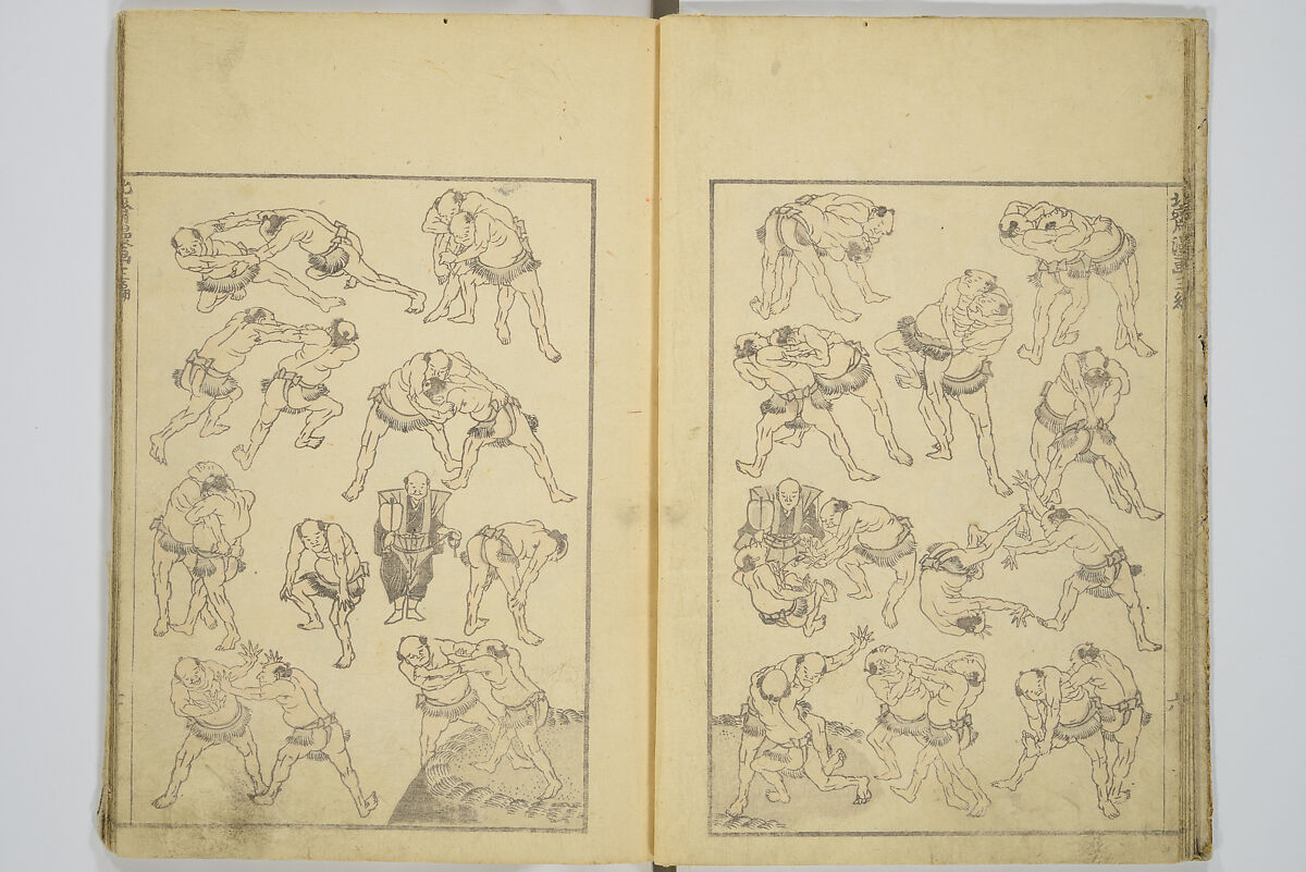 Transmitting the Spirit, Revealing the Form of Things, Volume 1 to 15 of Hokusai Sketchbooks (Denshin kaishu: Hokusai manga, shohen–jugohen) 伝神開手北斎漫画 初編-十五編, Katsushika Hokusai 葛飾北斎 (Japanese, Tokyo (Edo) 1760–1849 Tokyo (Edo)), Set of fifteen woodblock printed books; ink and color on paper, Japan