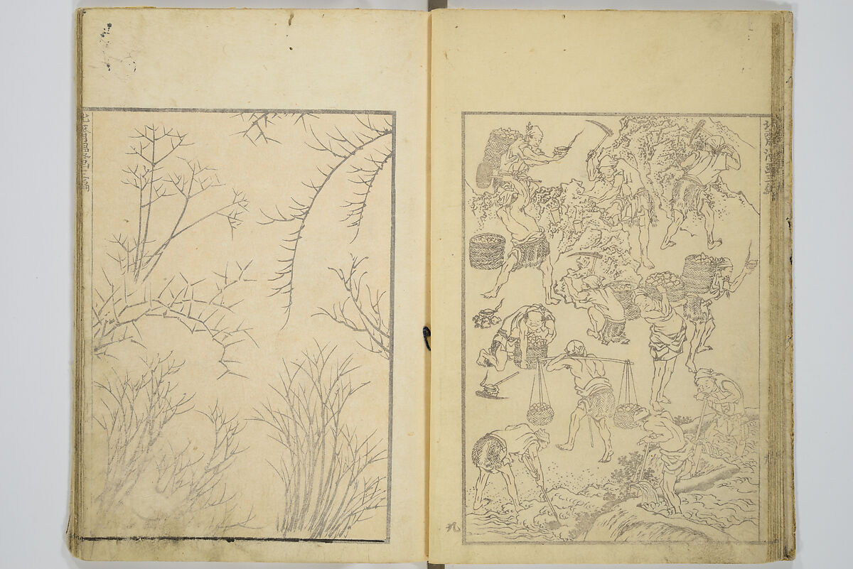Transmitting the Spirit, Revealing the Form of Things, Volume 1 to 15 of Hokusai Sketchbooks (Denshin kaishu: Hokusai manga, shohen–jugohen) 伝神開手北斎漫画 初編-十五編, Katsushika Hokusai 葛飾北斎 (Japanese, Tokyo (Edo) 1760–1849 Tokyo (Edo)), Set of fifteen woodblock printed books; ink and color on paper, Japan