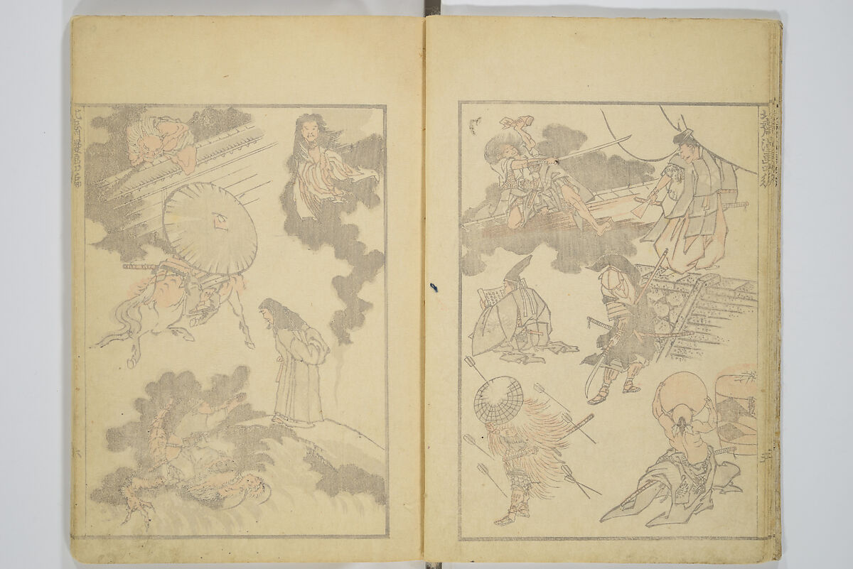 Transmitting the Spirit, Revealing the Form of Things, Volume 1 to 15 of Hokusai Sketchbooks (Denshin kaishu: Hokusai manga, shohen–jugohen) 伝神開手北斎漫画 初編-十五編, Katsushika Hokusai 葛飾北斎 (Japanese, Tokyo (Edo) 1760–1849 Tokyo (Edo)), Set of fifteen woodblock printed books; ink and color on paper, Japan