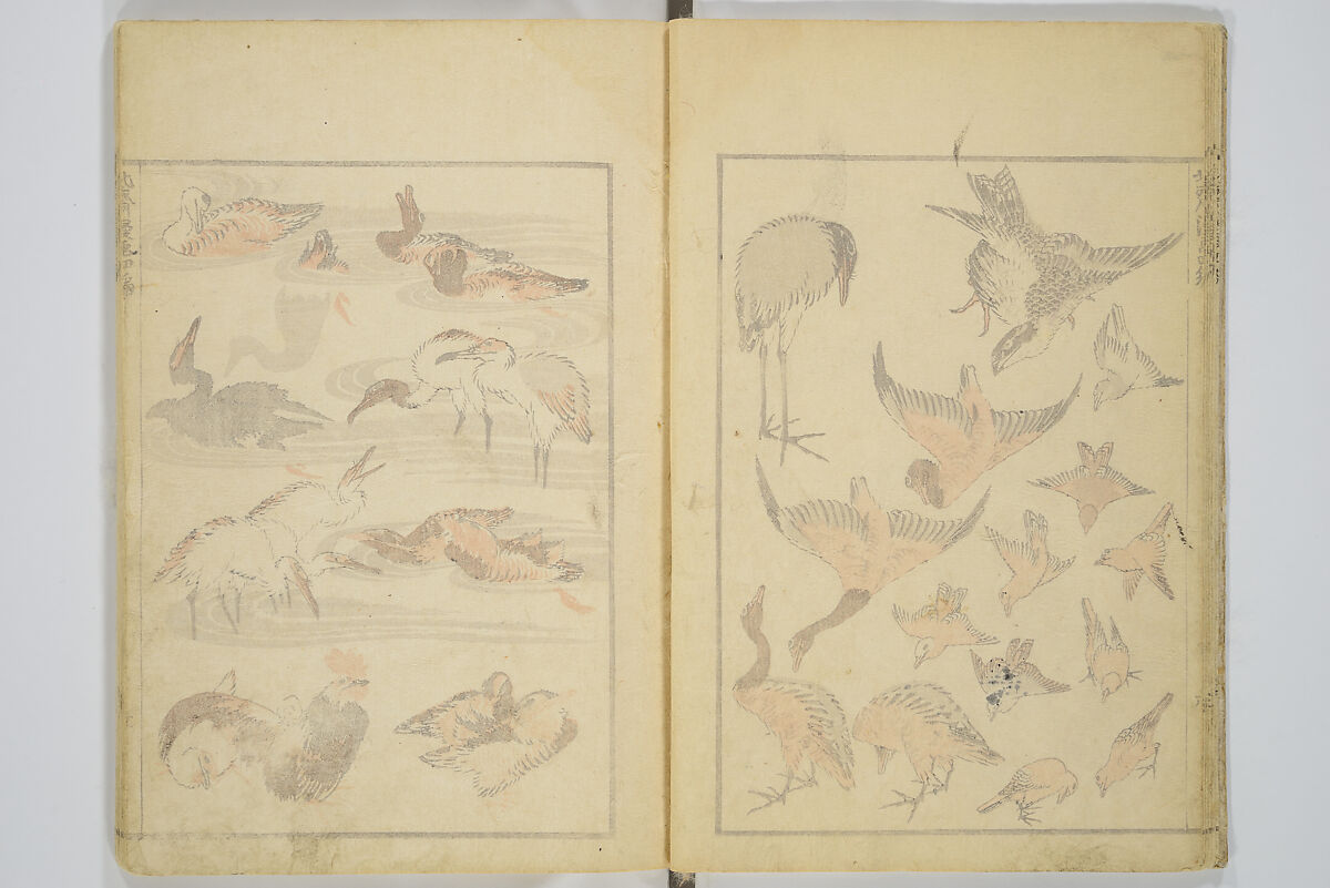 Transmitting the Spirit, Revealing the Form of Things, Volume 1 to 15 of Hokusai Sketchbooks (Denshin kaishu: Hokusai manga, shohen–jugohen) 伝神開手北斎漫画 初編-十五編, Katsushika Hokusai 葛飾北斎 (Japanese, Tokyo (Edo) 1760–1849 Tokyo (Edo)), Set of fifteen woodblock printed books; ink and color on paper, Japan