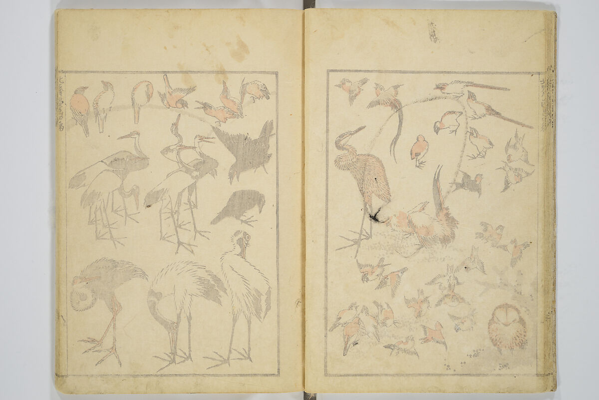 Transmitting the Spirit, Revealing the Form of Things, Volume 1 to 15 of Hokusai Sketchbooks (Denshin kaishu: Hokusai manga, shohen–jugohen) 伝神開手北斎漫画 初編-十五編, Katsushika Hokusai 葛飾北斎 (Japanese, Tokyo (Edo) 1760–1849 Tokyo (Edo)), Set of fifteen woodblock printed books; ink and color on paper, Japan