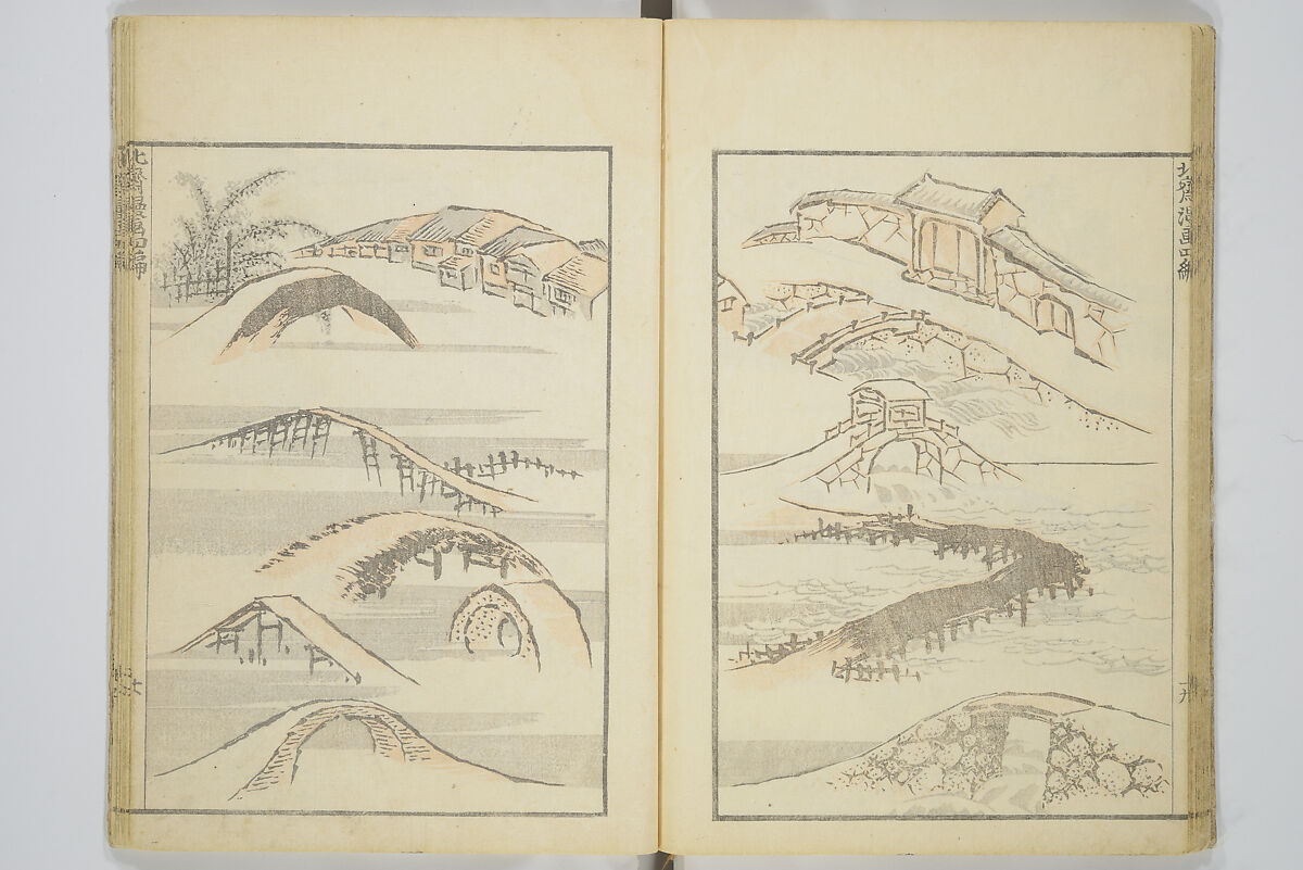 Transmitting the Spirit, Revealing the Form of Things, Volume 1 to 15 of Hokusai Sketchbooks (Denshin kaishu: Hokusai manga, shohen–jugohen) 伝神開手北斎漫画 初編-十五編, Katsushika Hokusai 葛飾北斎 (Japanese, Tokyo (Edo) 1760–1849 Tokyo (Edo)), Set of fifteen woodblock printed books; ink and color on paper, Japan