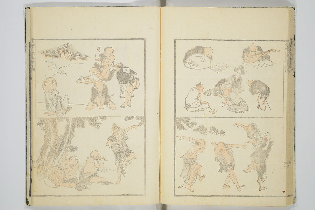 Transmitting the Spirit, Revealing the Form of Things, Volume 1 to 15 of Hokusai Sketchbooks (Denshin kaishu: Hokusai manga, shohen–jugohen) 伝神開手北斎漫画 初編-十五編, Katsushika Hokusai 葛飾北斎 (Japanese, Tokyo (Edo) 1760–1849 Tokyo (Edo)), Set of fifteen woodblock printed books; ink and color on paper, Japan