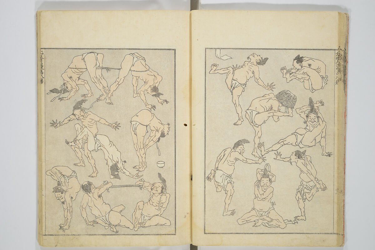 Transmitting the Spirit, Revealing the Form of Things, Volume 1 to 15 of Hokusai Sketchbooks (Denshin kaishu: Hokusai manga, shohen–jugohen) 伝神開手北斎漫画 初編-十五編, Katsushika Hokusai 葛飾北斎 (Japanese, Tokyo (Edo) 1760–1849 Tokyo (Edo)), Set of fifteen woodblock printed books; ink and color on paper, Japan