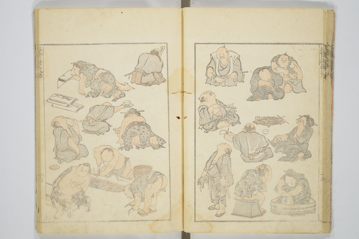 Transmitting the Spirit, Revealing the Form of Things, Volume 1 to 15 of Hokusai Sketchbooks (Denshin kaishu: Hokusai manga, shohen–jugohen) 伝神開手北斎漫画 初編-十五編, Katsushika Hokusai 葛飾北斎 (Japanese, Tokyo (Edo) 1760–1849 Tokyo (Edo)), Set of fifteen woodblock printed books; ink and color on paper, Japan