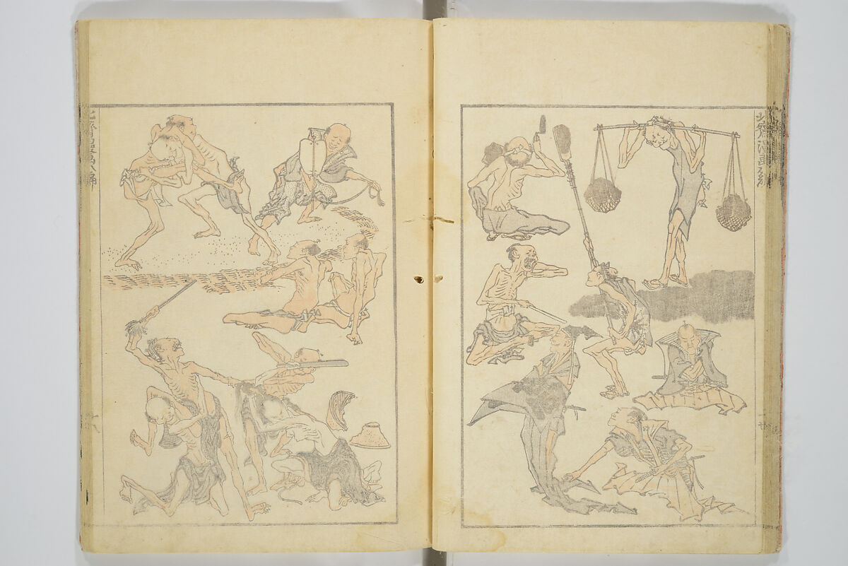 Transmitting the Spirit, Revealing the Form of Things, Volume 1 to 15 of Hokusai Sketchbooks (Denshin kaishu: Hokusai manga, shohen–jugohen) 伝神開手北斎漫画 初編-十五編, Katsushika Hokusai 葛飾北斎 (Japanese, Tokyo (Edo) 1760–1849 Tokyo (Edo)), Set of fifteen woodblock printed books; ink and color on paper, Japan