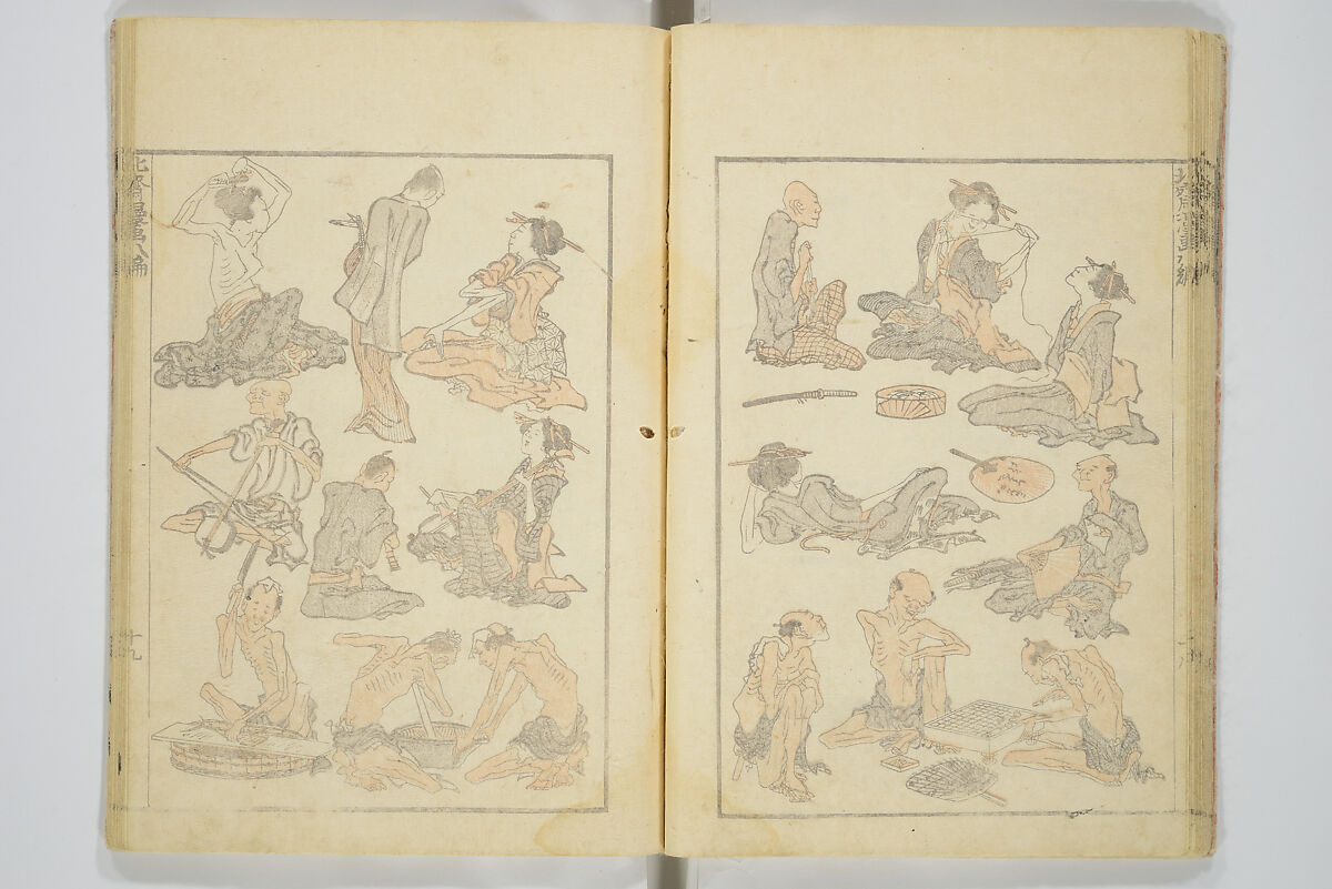 Transmitting the Spirit, Revealing the Form of Things, Volume 1 to 15 of Hokusai Sketchbooks (Denshin kaishu: Hokusai manga, shohen–jugohen) 伝神開手北斎漫画 初編-十五編, Katsushika Hokusai 葛飾北斎 (Japanese, Tokyo (Edo) 1760–1849 Tokyo (Edo)), Set of fifteen woodblock printed books; ink and color on paper, Japan