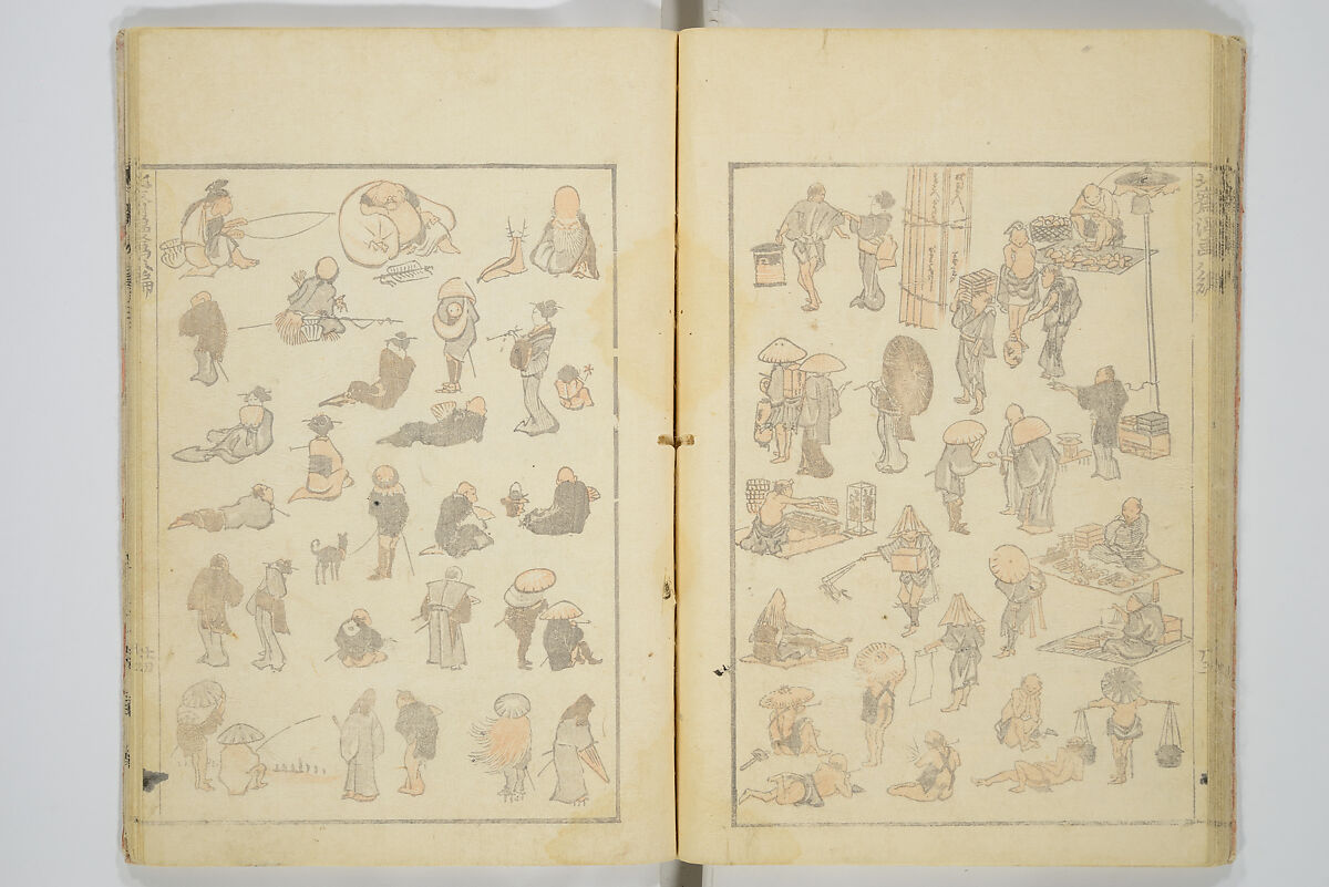 Transmitting the Spirit, Revealing the Form of Things, Volume 1 to 15 of Hokusai Sketchbooks (Denshin kaishu: Hokusai manga, shohen–jugohen) 伝神開手北斎漫画 初編-十五編, Katsushika Hokusai 葛飾北斎 (Japanese, Tokyo (Edo) 1760–1849 Tokyo (Edo)), Set of fifteen woodblock printed books; ink and color on paper, Japan